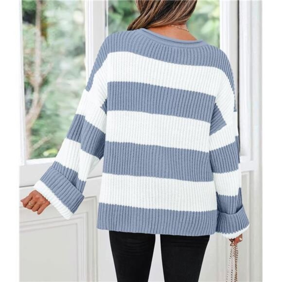 Striped Color Block Sweater – Oversized Fit, Flared Sleeves, Cozy Knit - Picture 3 of 5